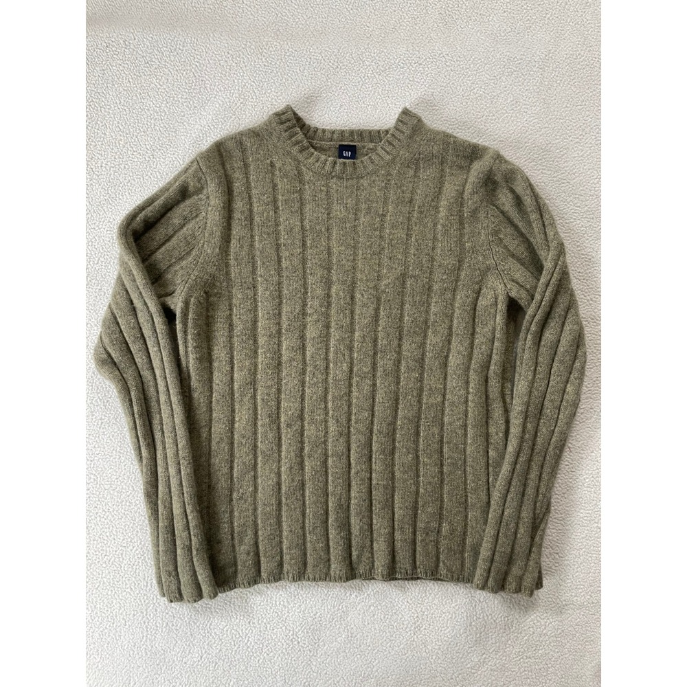 Gap Mens Medium Sweater Olive Green 100% Lambswool Ribbed Crewneck 21538000